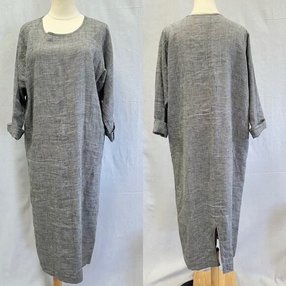 Vintage 80s linen lagenlook midi shift oversized dress houndstooth size small - Picture 16 of 16
